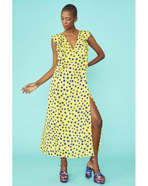 Jayley Blue Rayon Polka Dot Ruffled Mid Parma Dress