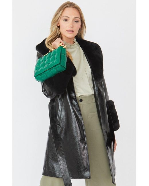 Jayley Green Luxury Faux Leather Aubrey Coat With Detachable Faux Fur