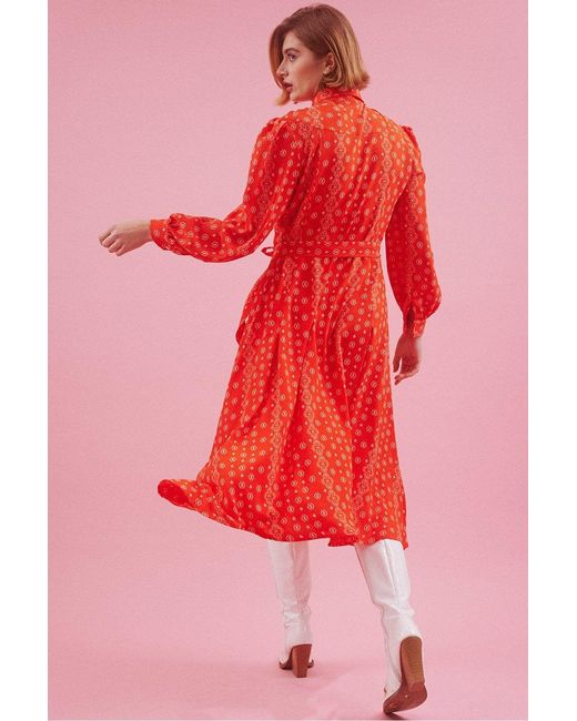 Jayley Red Eco Silk Midi Metallic Shirt Dress