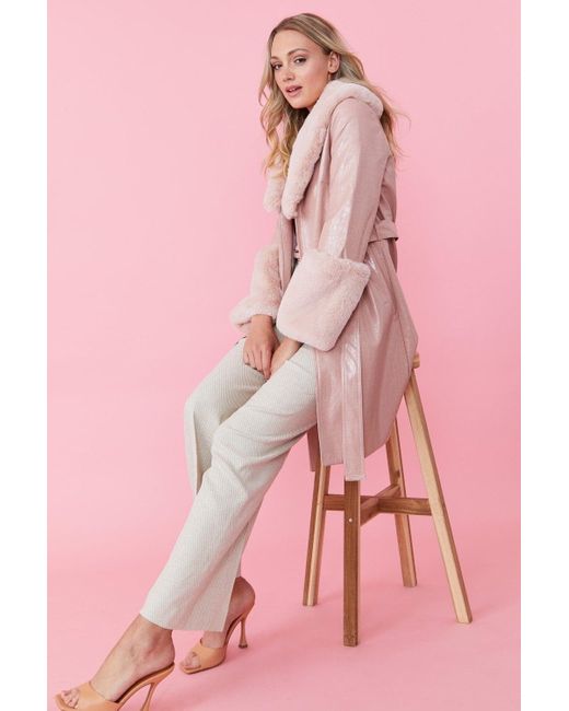 Jayley Pink Luxury Faux Leather Aubrey Coat With Detachable Faux Fur C