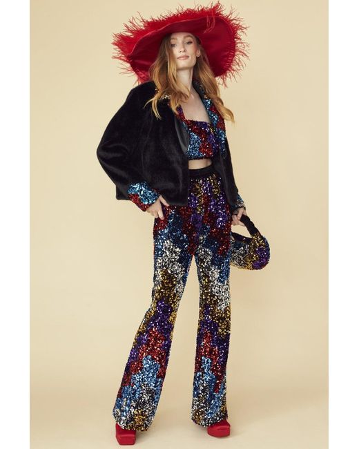 Jayley Blue Bamboo Faux Fur Sequins Jacket