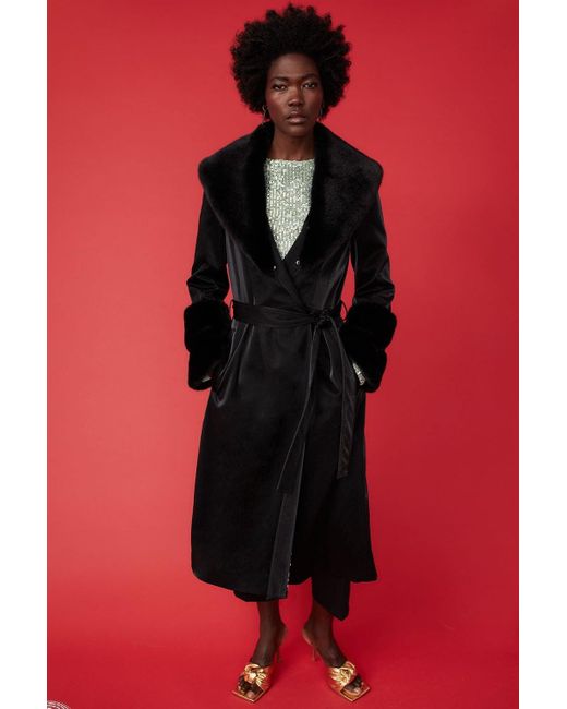 Jayley Red Trench Style Belted Coat With Faux Fur Cuffs And Collar S
