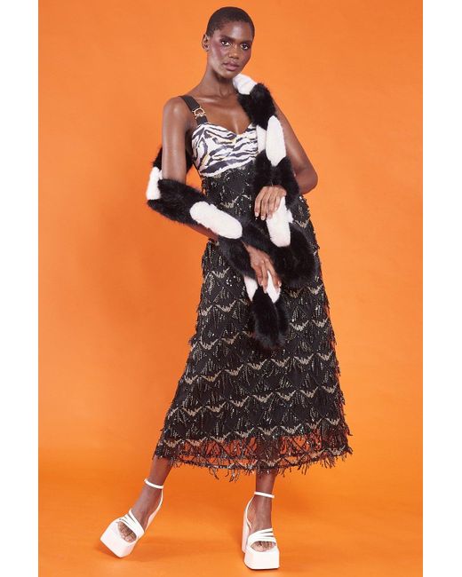 Jayley Orange Zebra Print Sequin Tassel And Eco Leather Maxi Dress Size