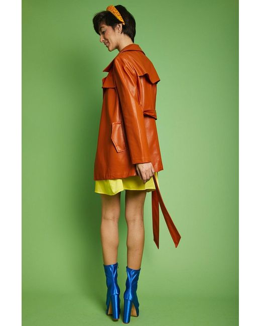Jayley Green Eco Leather Midi Trench Coat