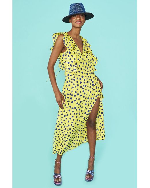 Jayley Blue Rayon Polka Dot Ruffled Mid Parma Dress