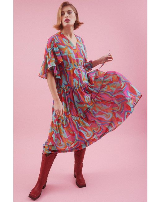 Jayley Pink Abstract Midi Dress With Flutter Sleeves