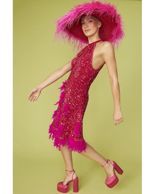 Jayley Pink Sequin And Feather Halter Dress With Key Hole Detail Size