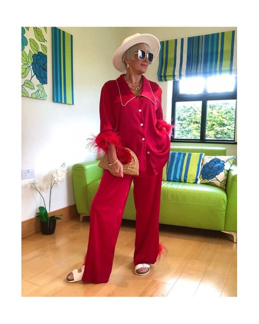Jayley Red Silk Pyjamas With Feather Trim