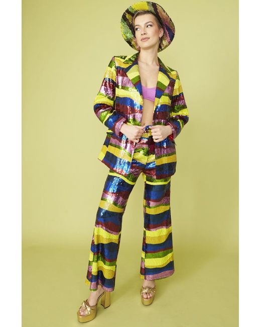 Jayley Yellow Multi-Coloured Geometric Sequin Flares