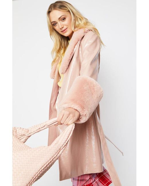 Jayley Pink Luxury Faux Leather Aubrey Coat With Detachable Faux Fur C