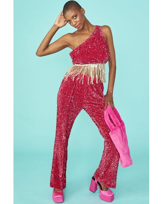 Jayley Pink Sequin One Shoulder Cropped Top With Sequin Tassels Size
