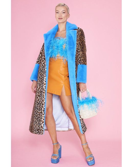 Jayley Pink Animal Print Faux Fur Maxi Coat With Clashing Cuffs And Co