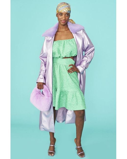 Jayley Green Lilac Faux Suede Metallic Maxi Trench Coat