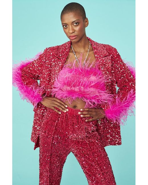 Jayley Red Sequin Feather Trim Blazer