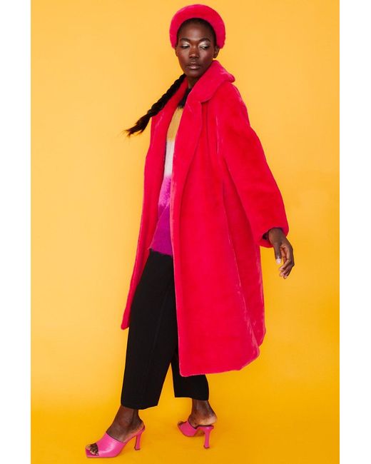 Jayley Pink Faux Fur Midi Shaved Shearling Coat