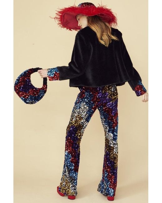 Jayley Blue Bamboo Faux Fur Sequins Jacket