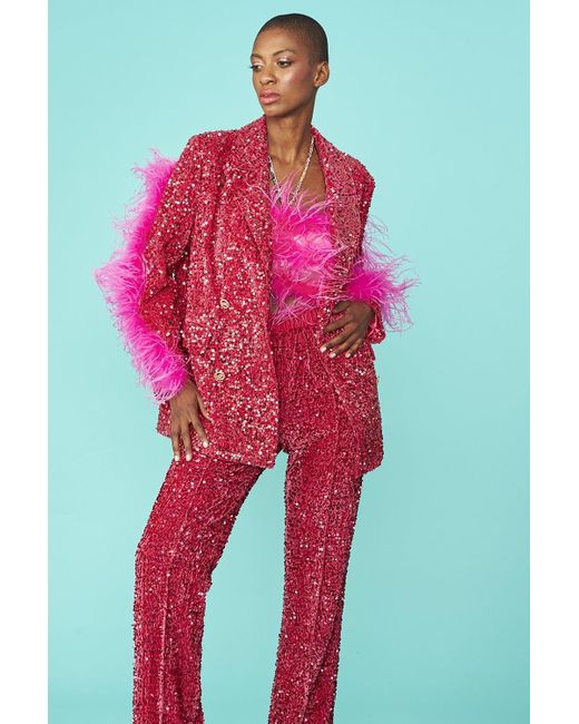 Jayley Red Sequin Feather Trim Blazer