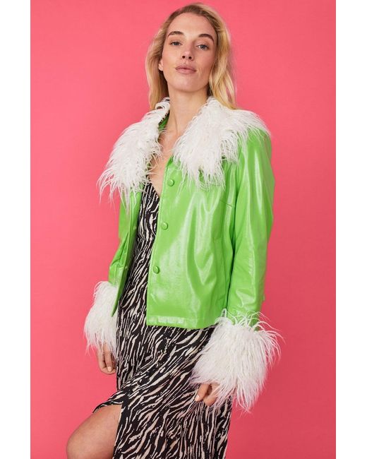 Jayley Green Faux Leather Biker Jacket With Mongolian Fur Cuffs And Co