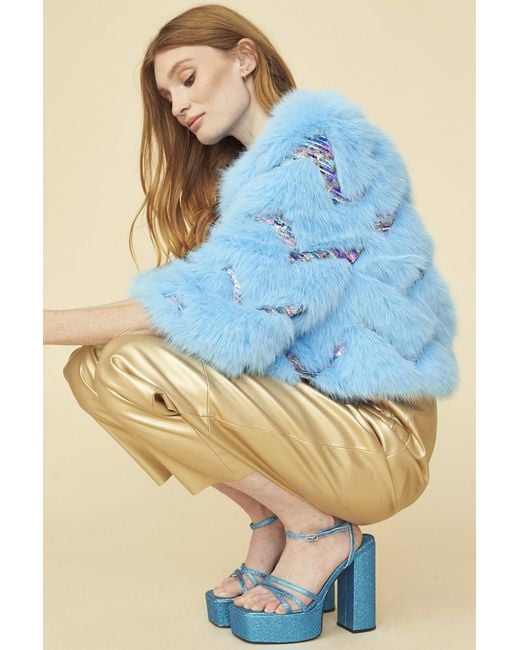 Jayley Blue Bamboo Sequin Eco Faux Fur Coat