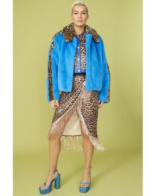 Jayley Blue And Leopard Print Faux Fur Coat