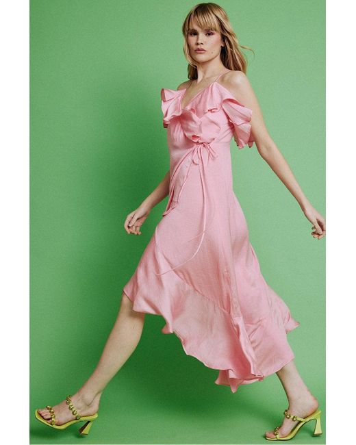 Jayley Green Silk Blend Maxi Wrap Ruffle Dress