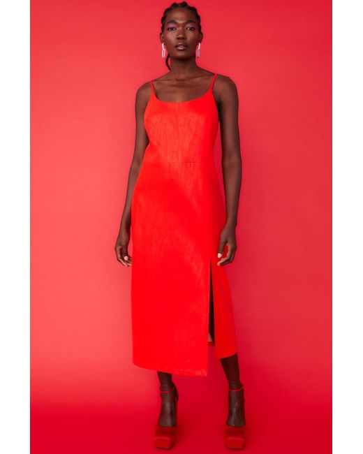 Jayley Red Midi Cami Style Pencil Dress With Split
