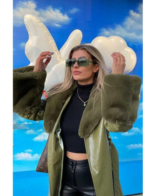 Jayley Green Faux Suede Alina Midi Coat With Faux Fur Cuffs And Collar