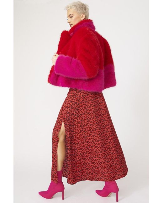 Jayley Red Bamboo Faux Fur Two Tone Double Cropped Coat