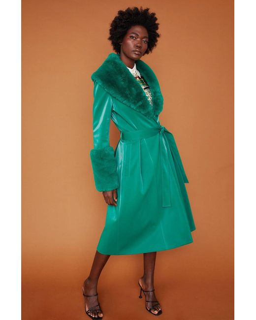 Jayley Green Trench Style Belted Coat With Faux Fur Cuffs And Collar S