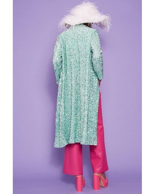 Jayley Pink Mint Sequin Velvet Trench Coat