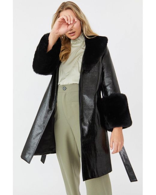 Jayley Green Luxury Faux Leather Aubrey Coat With Detachable Faux Fur