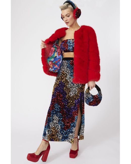Jayley Red Faux Fur Striped Gaga Coat