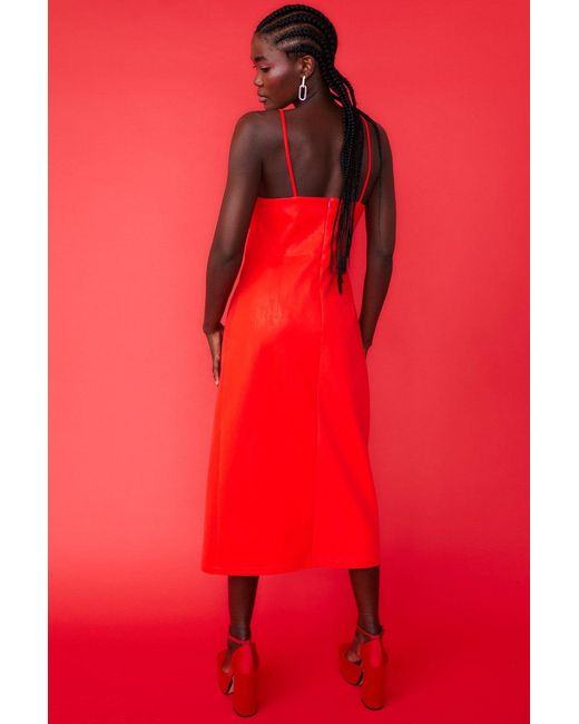 Jayley Red Midi Cami Style Pencil Dress With Split