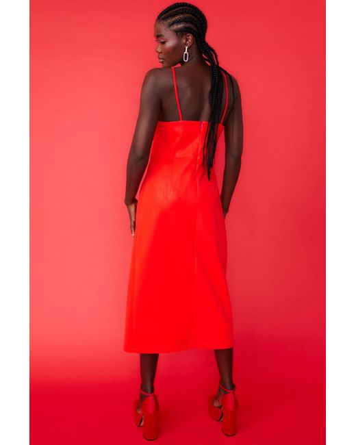 Jayley Red Midi Cami Style Pencil Dress With Split