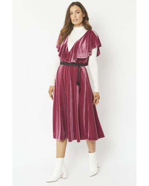 Jayley Red Frill Front Velvet Skater Midi Dress