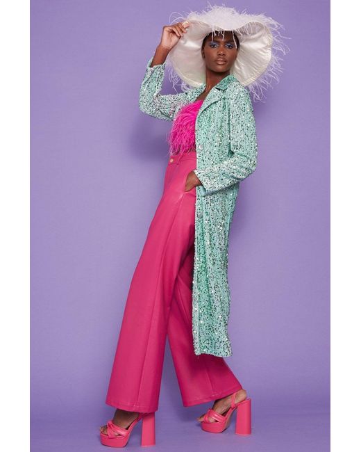 Jayley Pink Mint Sequin Velvet Trench Coat