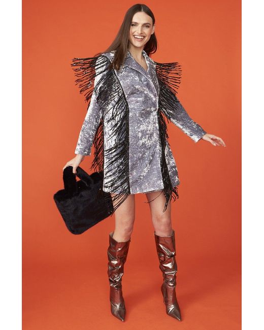 Jayley Blue Crushed Velvet Blazer Dress With Sequin Tassels Size: S