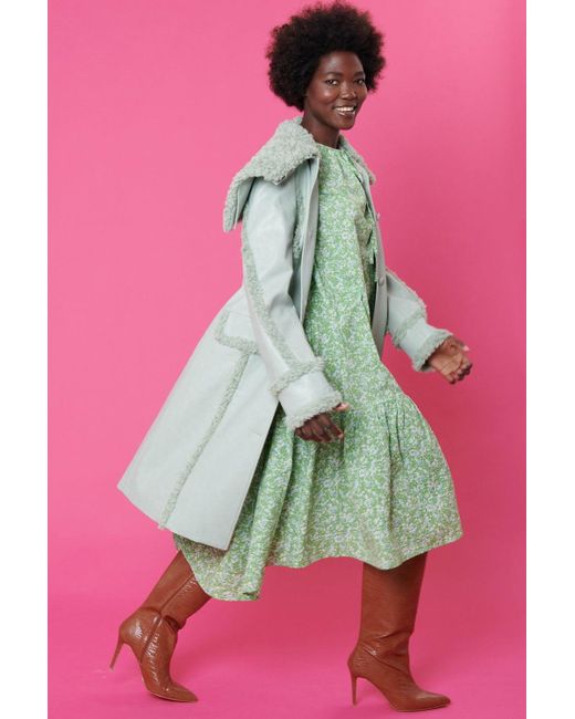 Jayley Pink Faux Shearling And Faux Leather Aviator Style Trench
