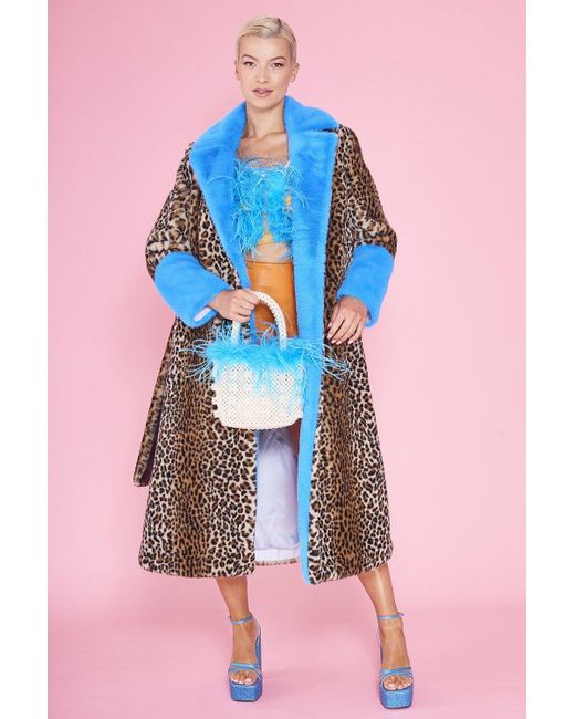 Jayley Pink Animal Print Faux Fur Maxi Coat With Clashing Cuffs And Co