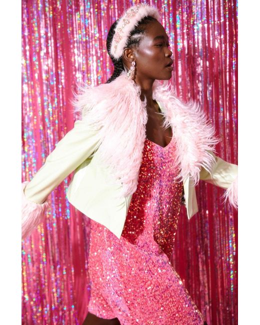Jayley Pink Mint And Faux Leather Biker Jacket With Mongolian Fur Cuff