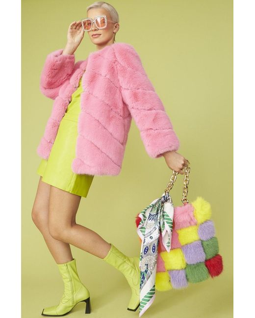 Jayley Pink Faux Fur Striped Gaga Coat