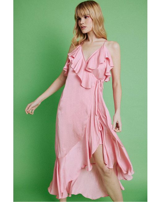 Jayley Green Silk Blend Maxi Wrap Ruffle Dress