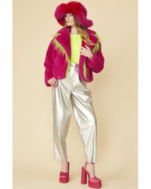 Jayley Pink Cropped Knitted Faux Fur Jacket