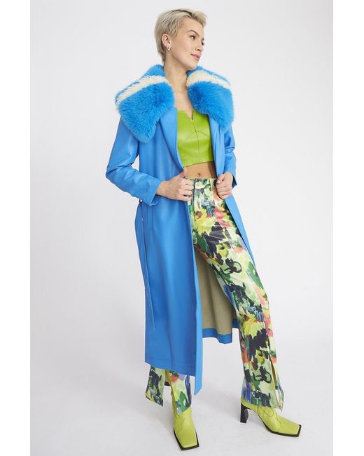 Jayley Blue Tencel Blend Eco Leather Trench Coat