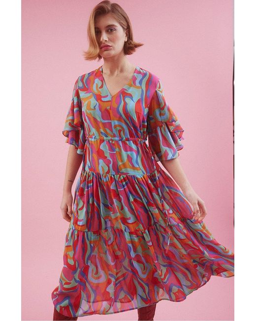 Jayley Pink Abstract Midi Dress With Flutter Sleeves
