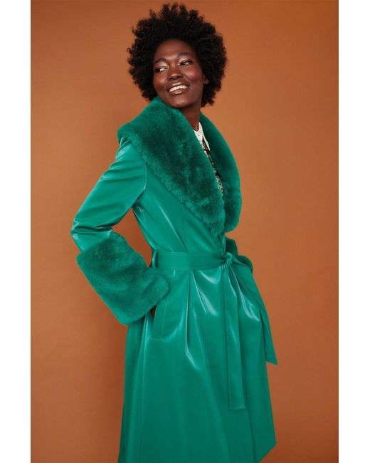 Jayley Green Trench Style Belted Coat With Faux Fur Cuffs And Collar S