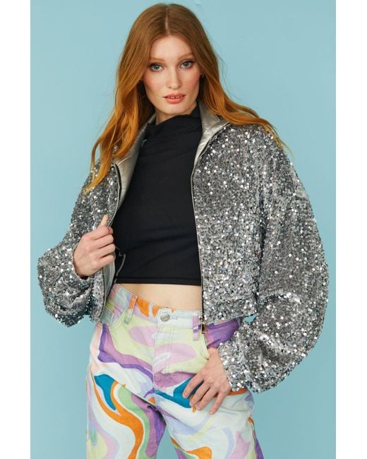 Jayley Gray Sequin Cropped Biker Jacket