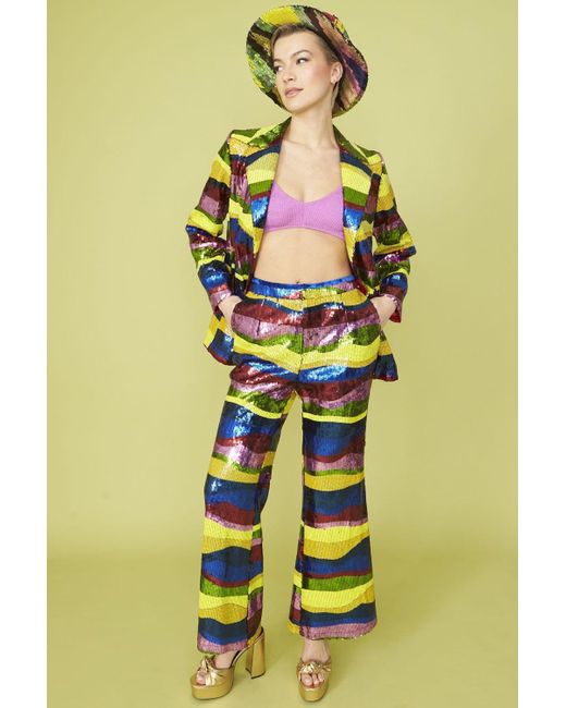 Jayley Yellow Multi-Coloured Geometric Sequin Flares