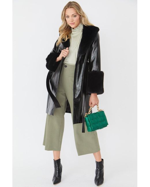 Jayley Green Luxury Faux Leather Aubrey Coat With Detachable Faux Fur