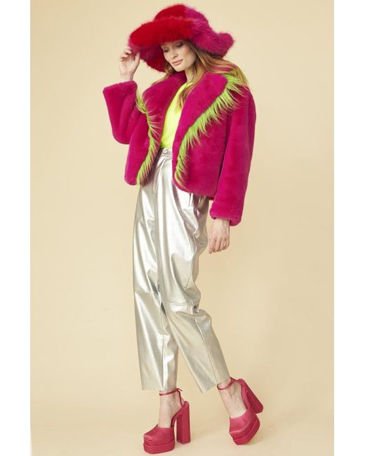 Jayley Pink Cropped Knitted Faux Fur Jacket